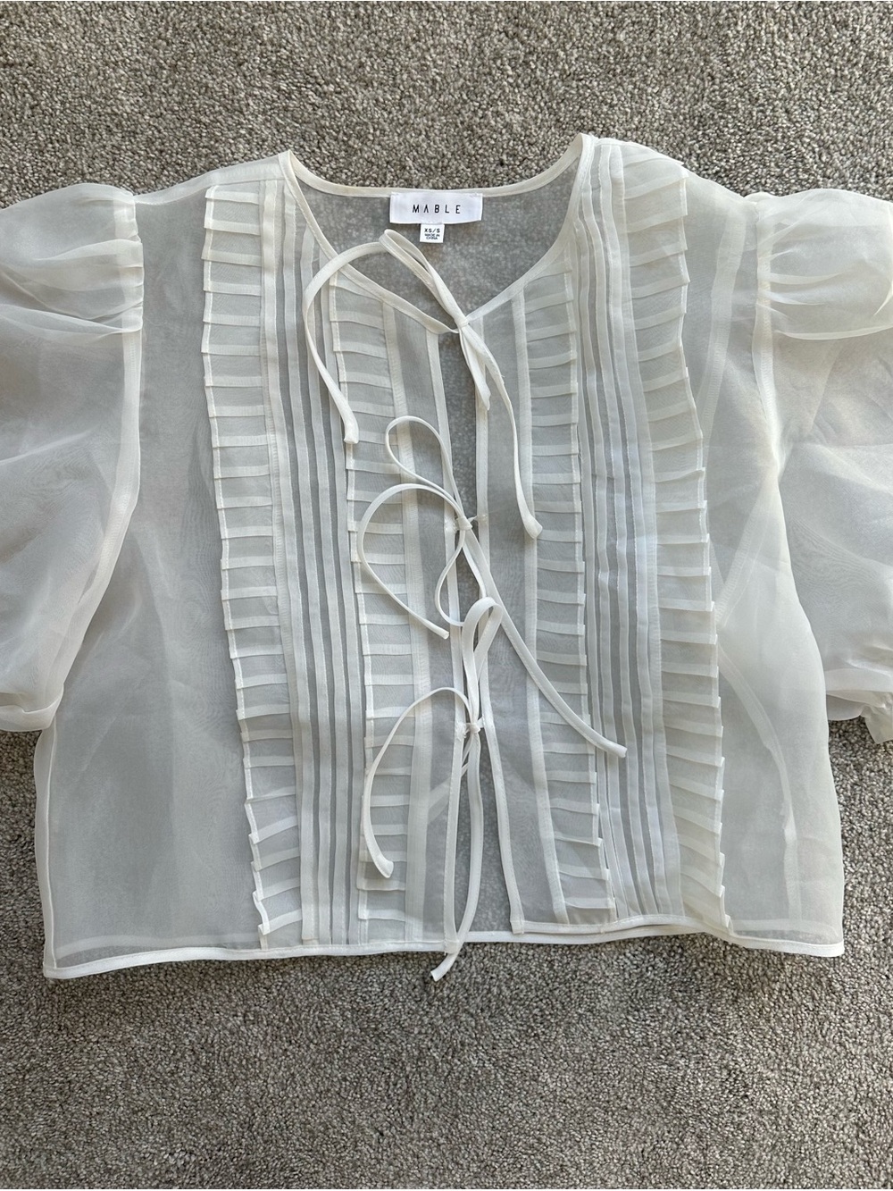 MABLE Cream Sheer Ruffle Tie-Front Blouse with Pintuck Detail